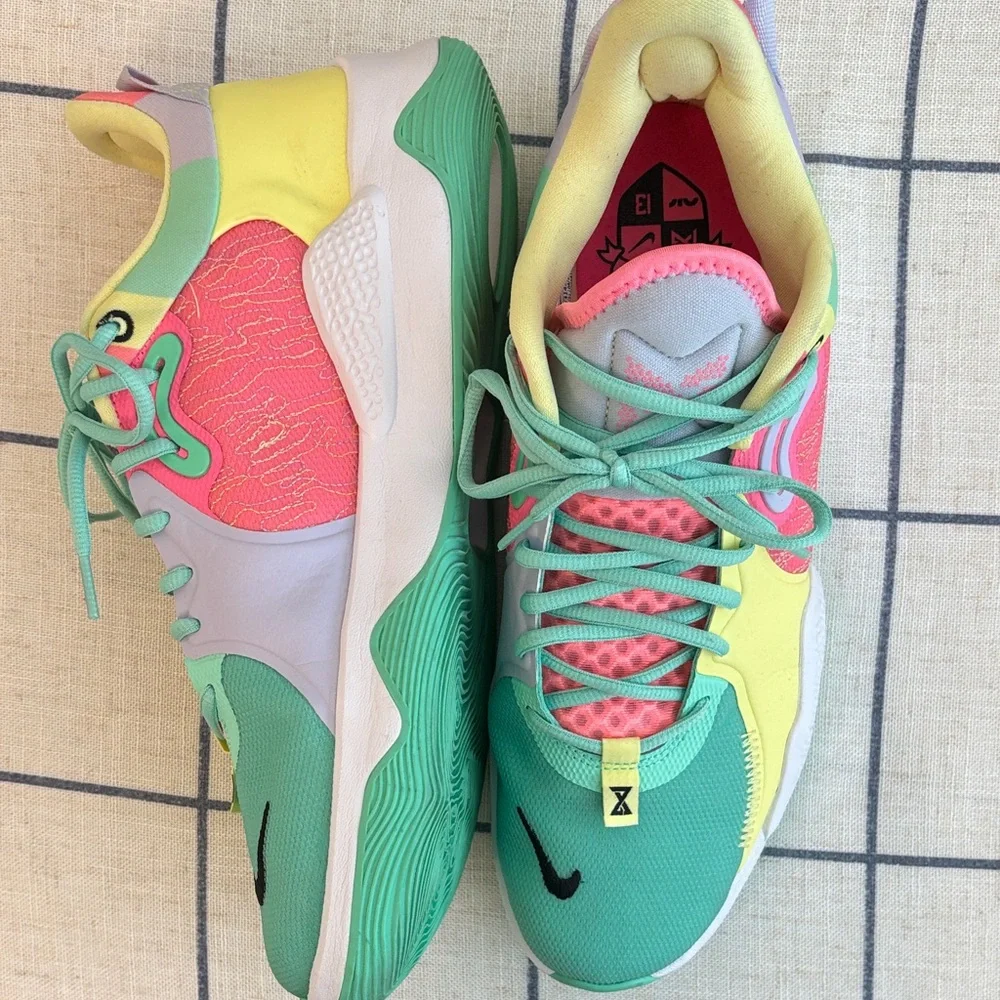 Men’s Nike Paul George Multicolor Pastel Lace-Up Sneakers in Mint, Pink & Yellow - Picture 5 of 7
